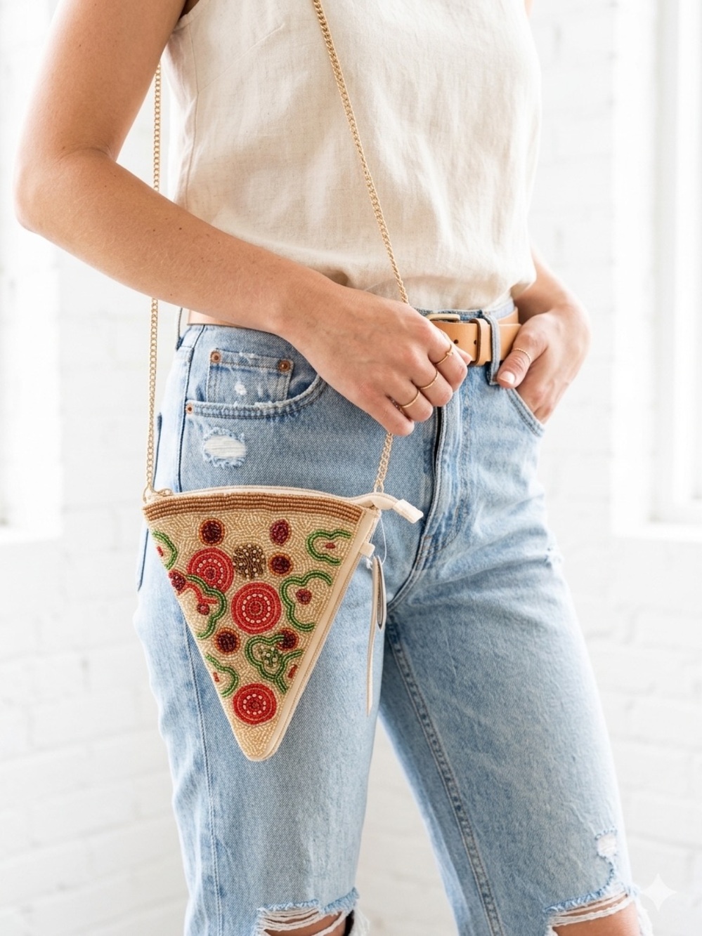 Beaded Triangle Pizza Slice Crossbody Bag in Tan, Green, and Red - Picture 2 of 7